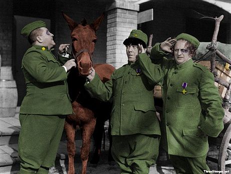 Half-Shot Shooters - colorized - the Three Stooges with their horse friend