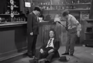 Climax of the fight in Three Loan Wolves, with the Three Stooges standing triumphant