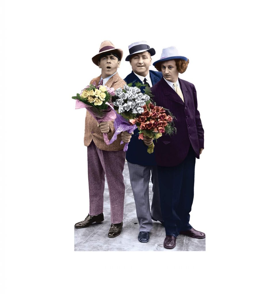 The Three Stooges - Moe, Curly, Larry - presenting flowers