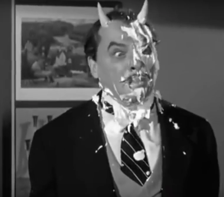 Philip van Zandt as the devil gets hit by whipped cream - "Well, that beats the devil"
