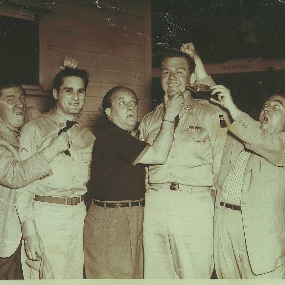 USO photo - Shemp Howard, Larry Fine, Moe Howard, with U.S. soldiers