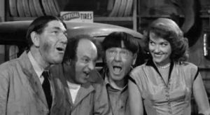 Shemp, Larry, and Moe pay attention to Benny Rubin's girlfriend … why Benny doesn't like!