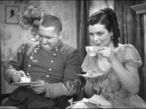 Curly Howard and Jennifer Gray having tea in "Uncivil Warriors"